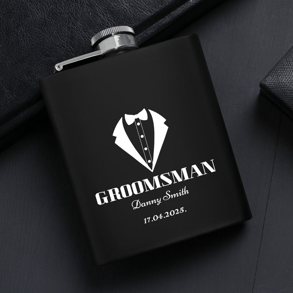 Personalized Groomsman Hip Flask Set – 7oz Black Stainless Steel with Gift Box & Custom Engraving by popcustoms