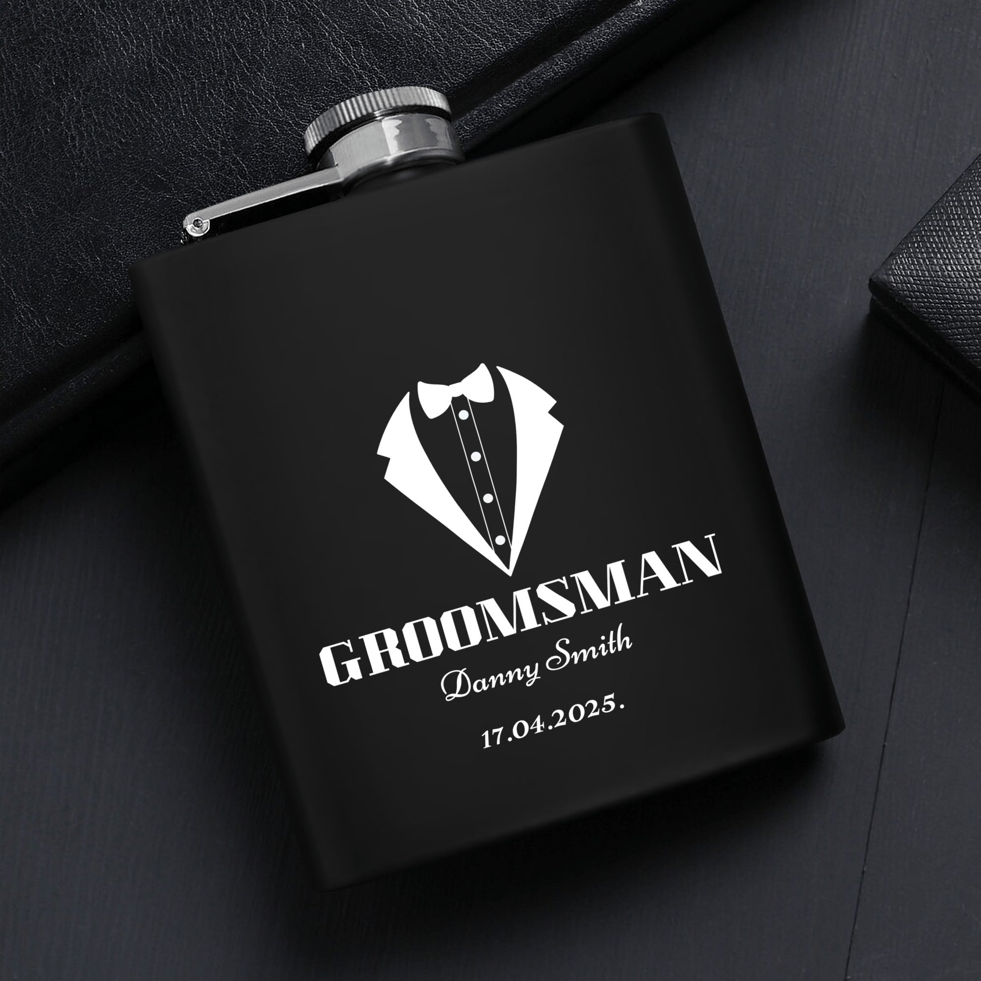 Personalized Groomsman Hip Flask Set – 7oz Black Stainless Steel with Gift Box & Custom Engraving by popcustoms