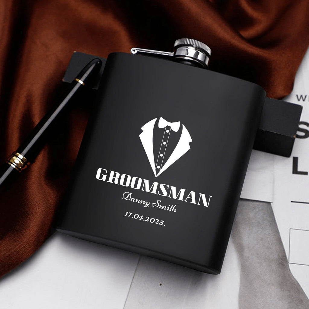 Personalized Groomsman Hip Flask Set – 7oz Black Stainless Steel with Gift Box & Custom Engraving by popcustoms