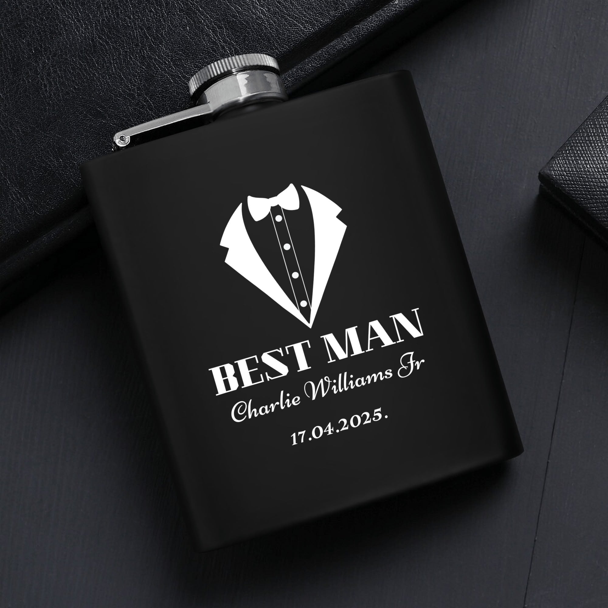 Personalized Best Man Hip Flask Set 7oz Black Stainless Steel with A Gift Box by popcustoms