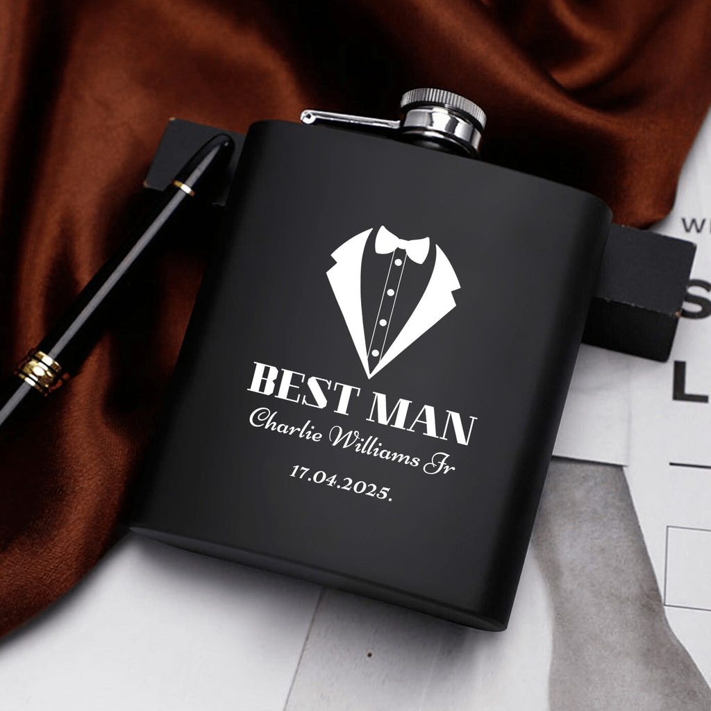 Personalized Best Man Hip Flask Set 7oz Black Stainless Steel with A Gift Box by popcustoms