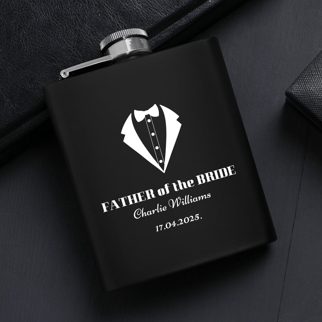 Personalized Father of the Bride Hip Flask Set – 7oz Black Stainless Steel with Gift Box & Engraving by popcustoms