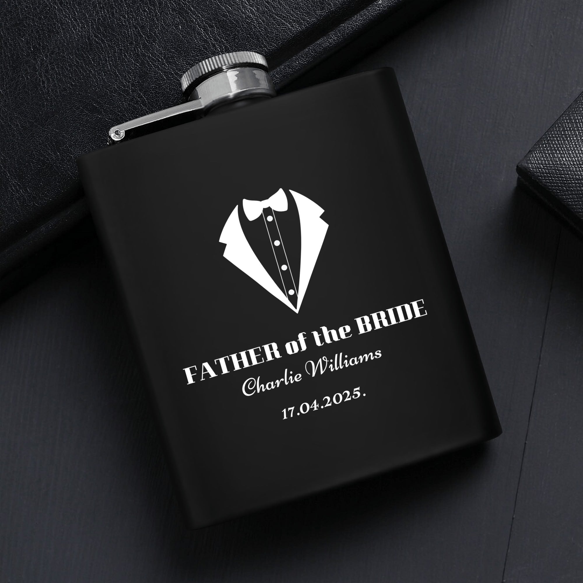 Personalized Father of the Bride Hip Flask Set – 7oz Black Stainless Steel with Gift Box & Engraving by popcustoms