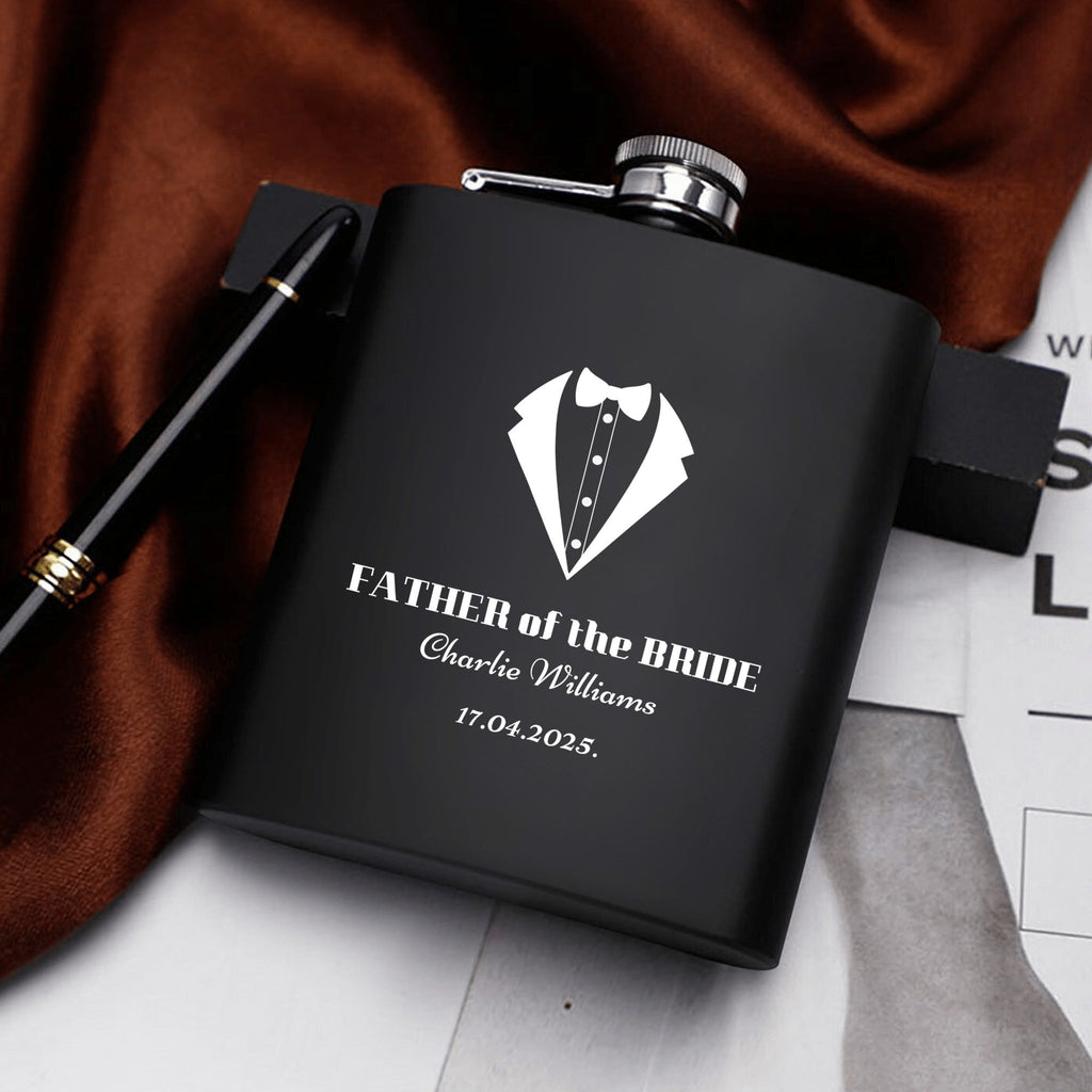 Personalized Father of the Bride Hip Flask Set – 7oz Black Stainless Steel with Gift Box & Engraving by popcustoms