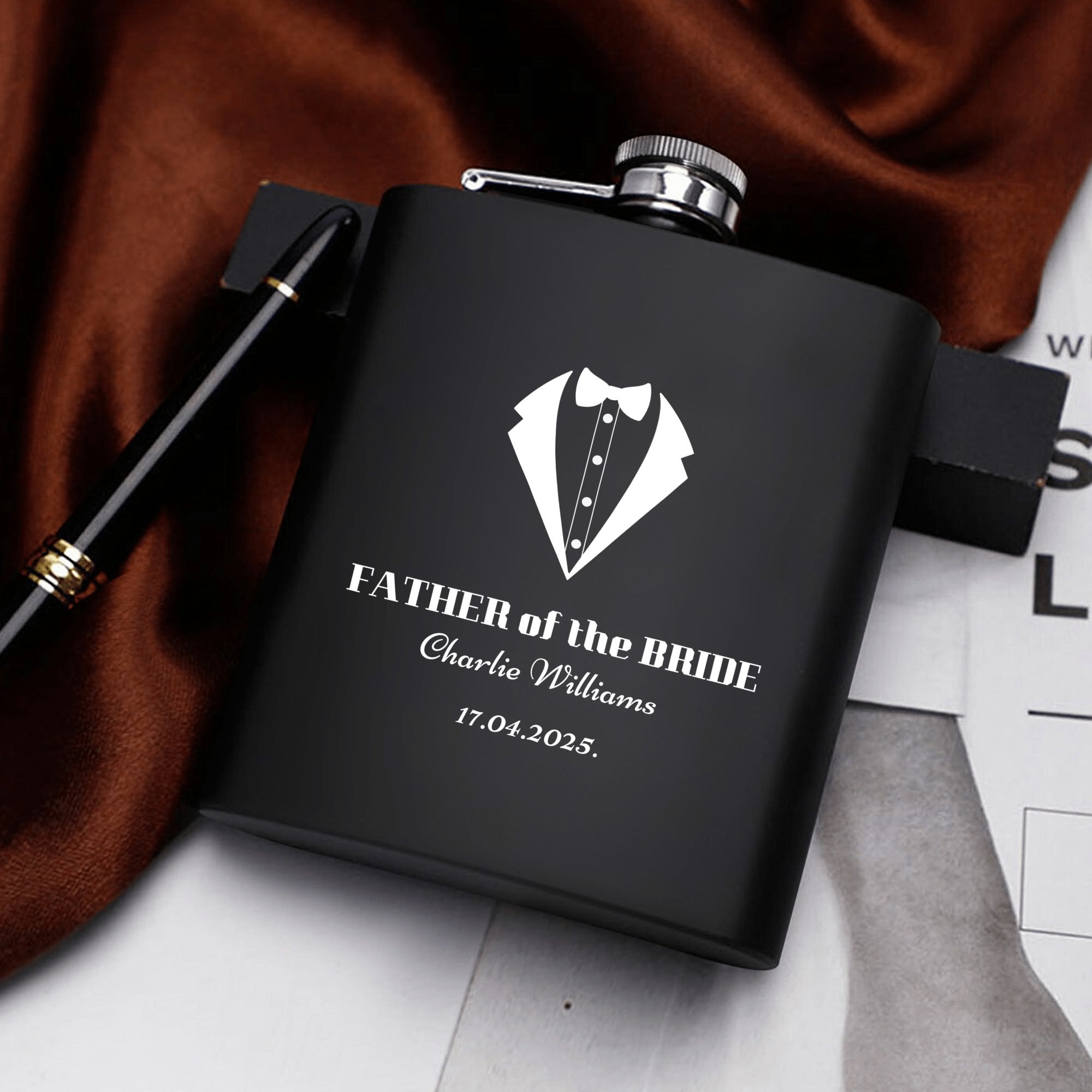 Personalized Father of the Bride Hip Flask Set – 7oz Black Stainless Steel with Gift Box & Engraving by popcustoms
