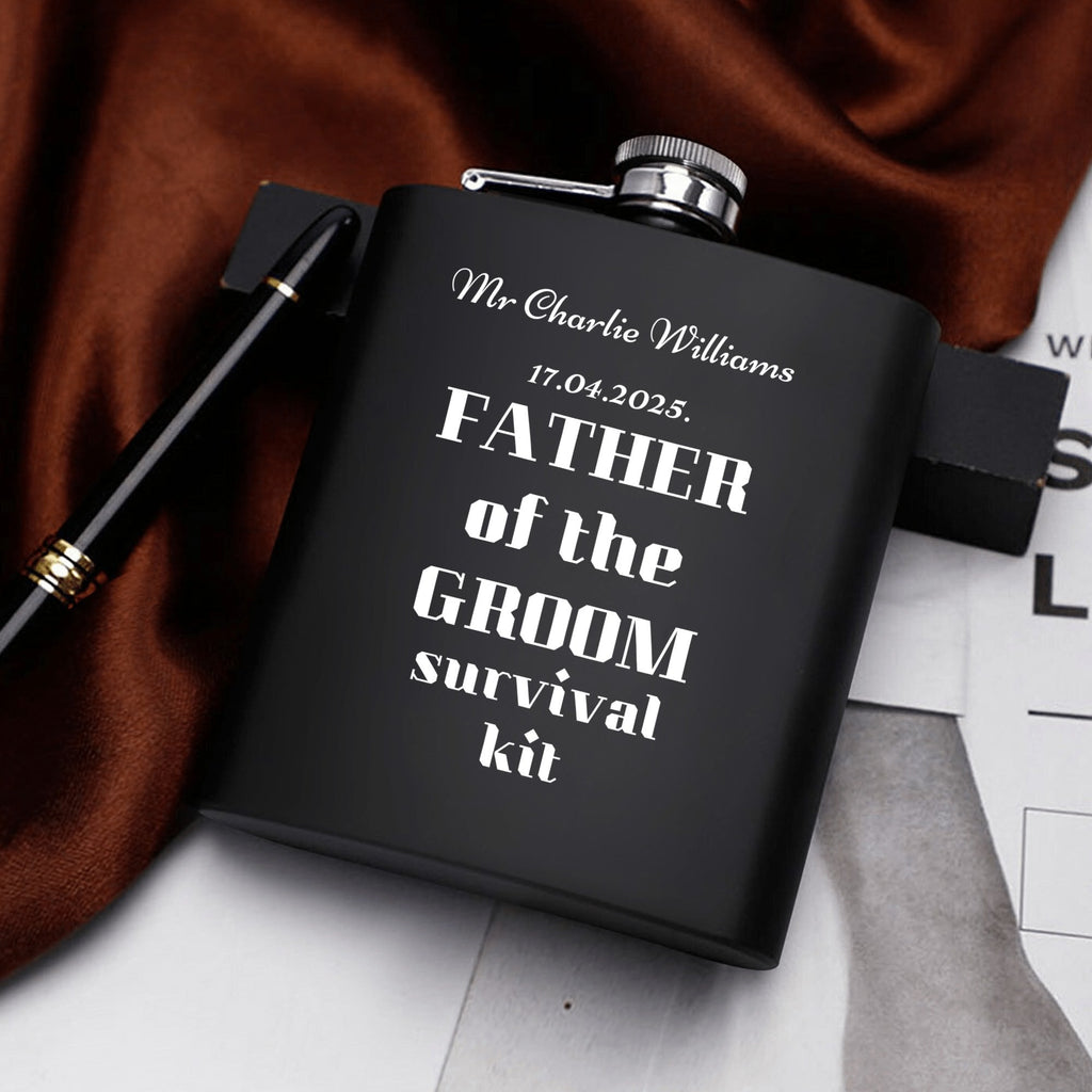 Father of the Groom Survival Kit – Personalized 7oz Black Hip Flask Gift Set with Funnel, Cups & Gift Box by popcustoms