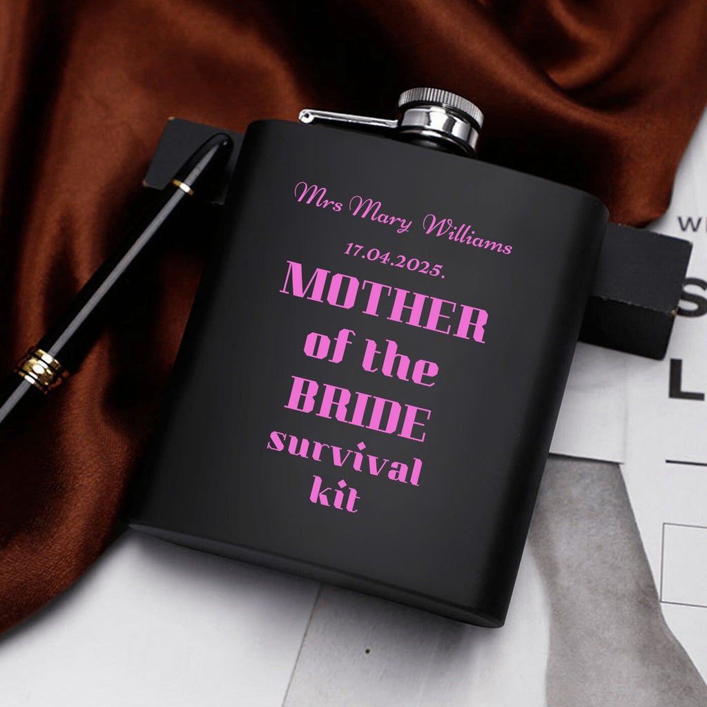 Personalized Mother of the Bride survival kit Hip Flask Set – 7oz Black Stainless Steel with Gift Box & Custom Engraving by popcustoms