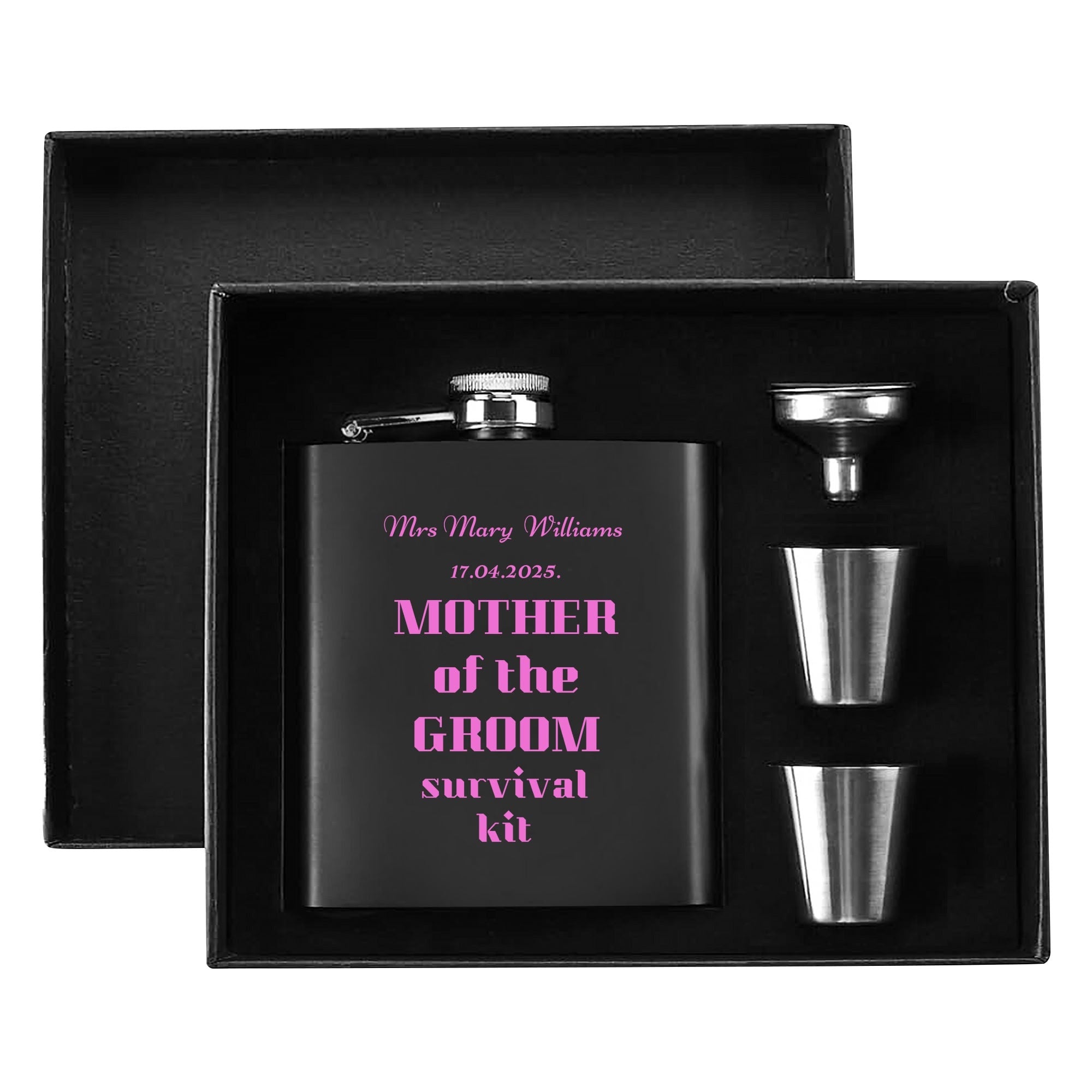 Personalized Mother of the Groom survival kit Hip Flask Set – 7oz Black Stainless Steel with Gift Box & Custom Engraving by popcustoms