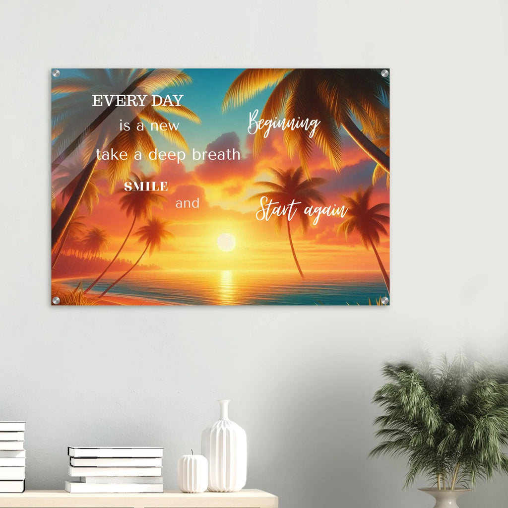 Motivational poster with palm trees and sunset over a beach, featuring inspirational text on a white wall.