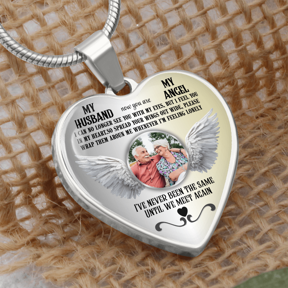 Luxury Graphic Heart Necklace My Husband My Angel personalized with photo and engraving on back