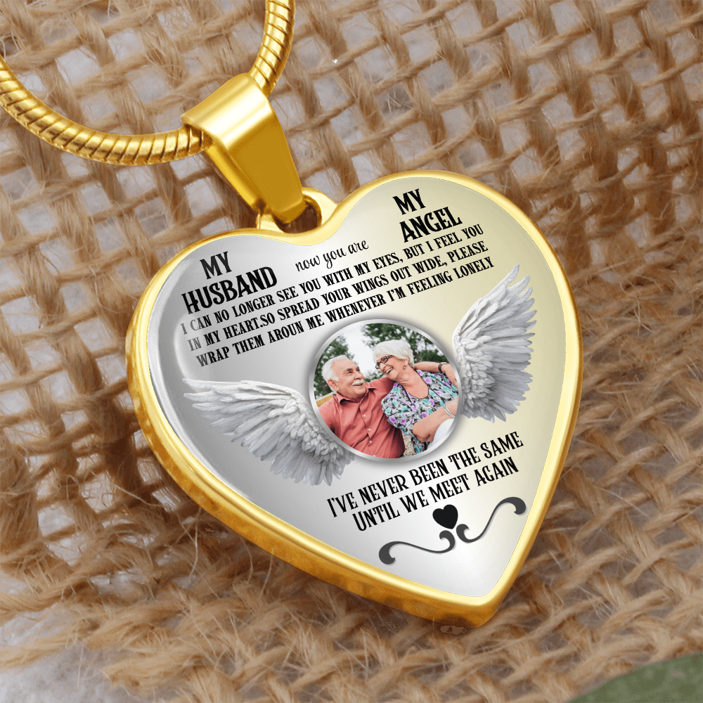 Luxury Graphic Heart Necklace My Husband My Angel personalized with photo and engraving on back