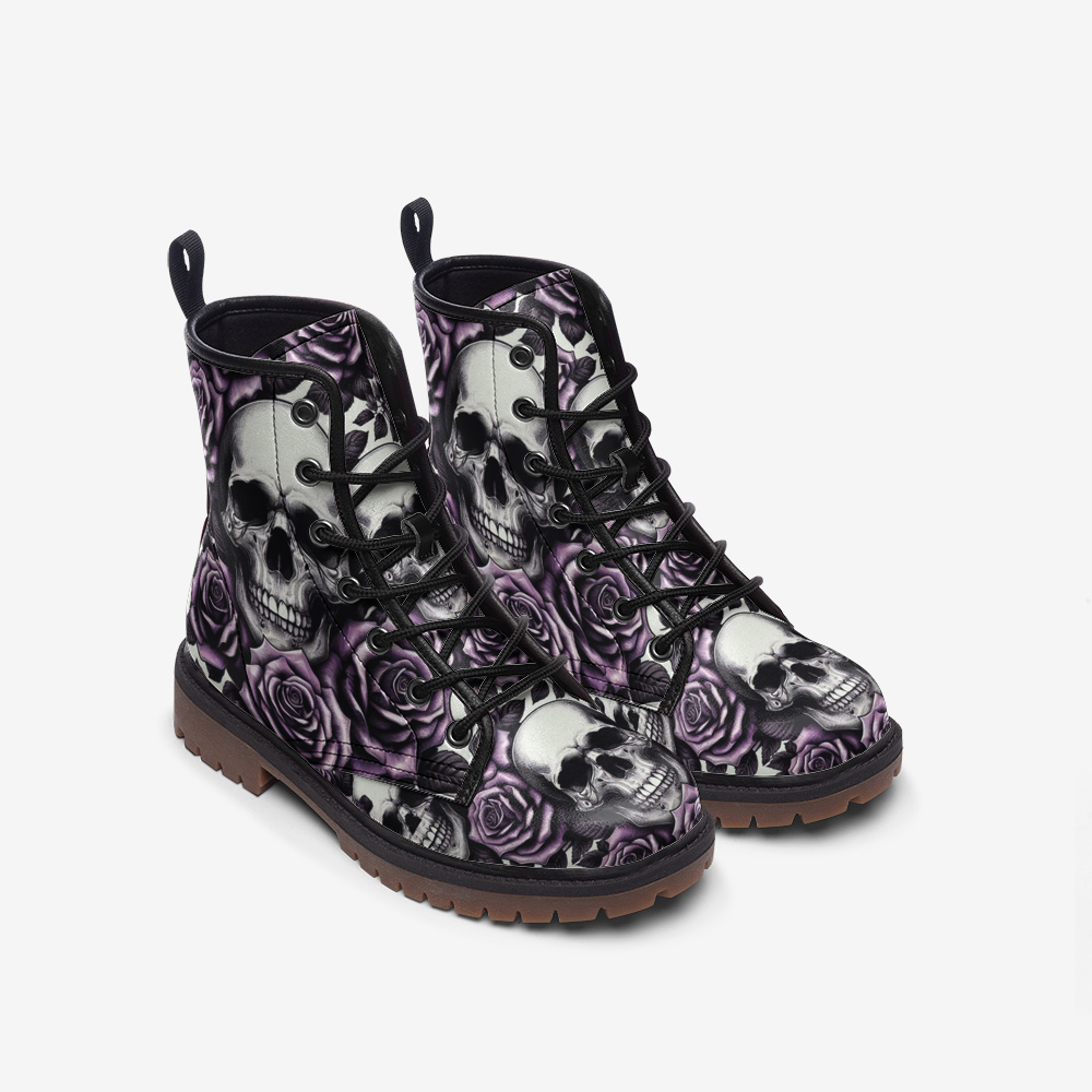 Casual Leather Lightweight boots with Skulls and Roses Violet