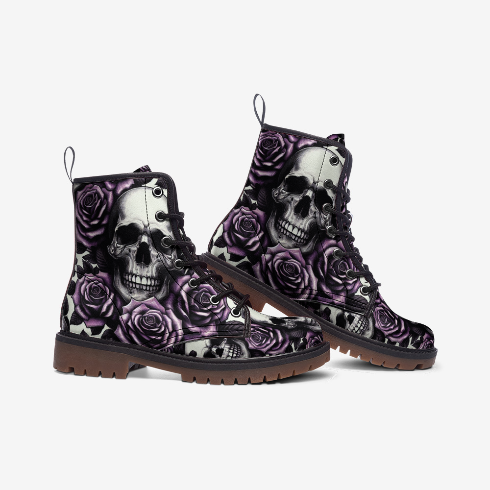Casual Leather Lightweight boots with Skulls and Roses Violet