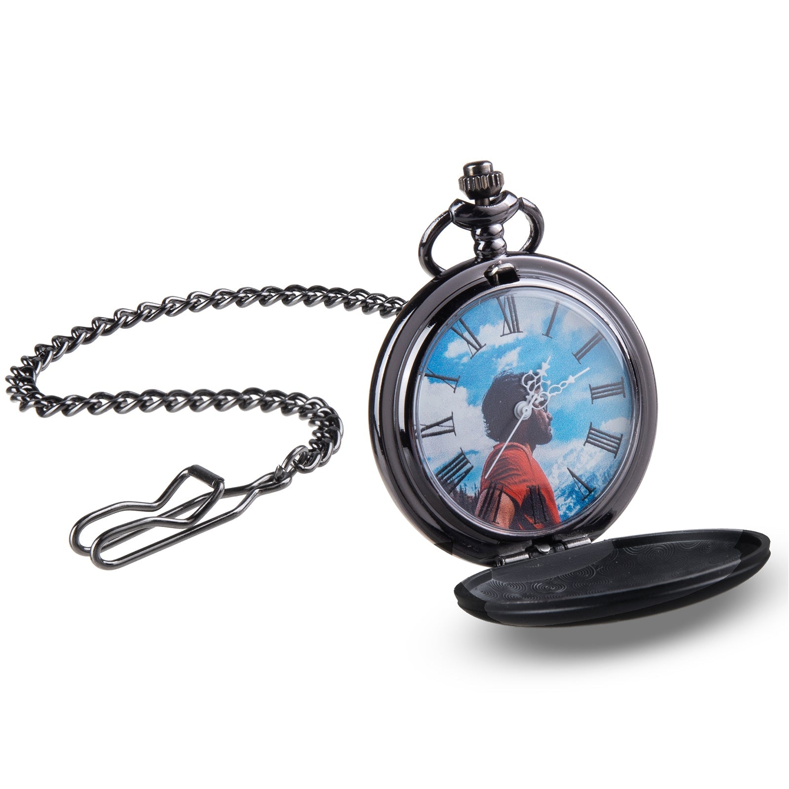 Black metal pocket watch with custom photo dial and attached chain with clip.