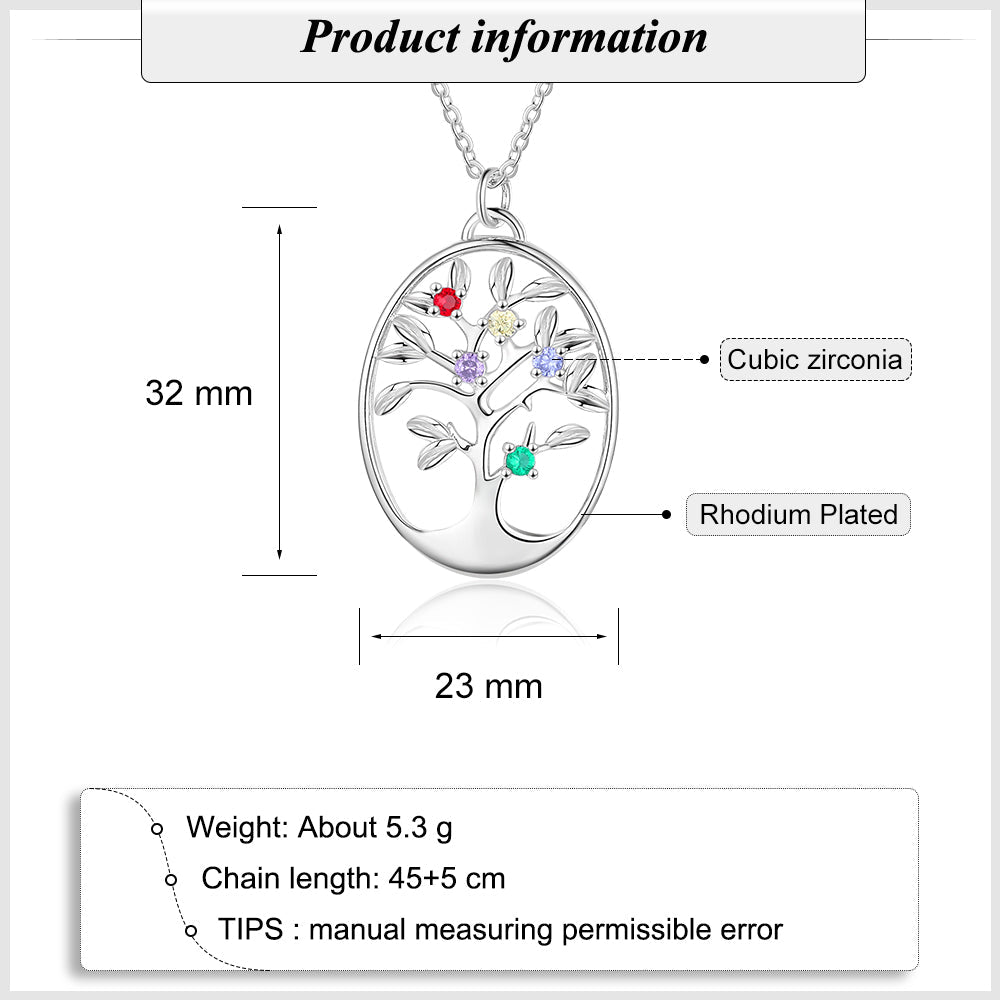 Rhodium-plated oval pendant necklace with cubic zirconia stones on a family tree design, 32mm by 23mm.