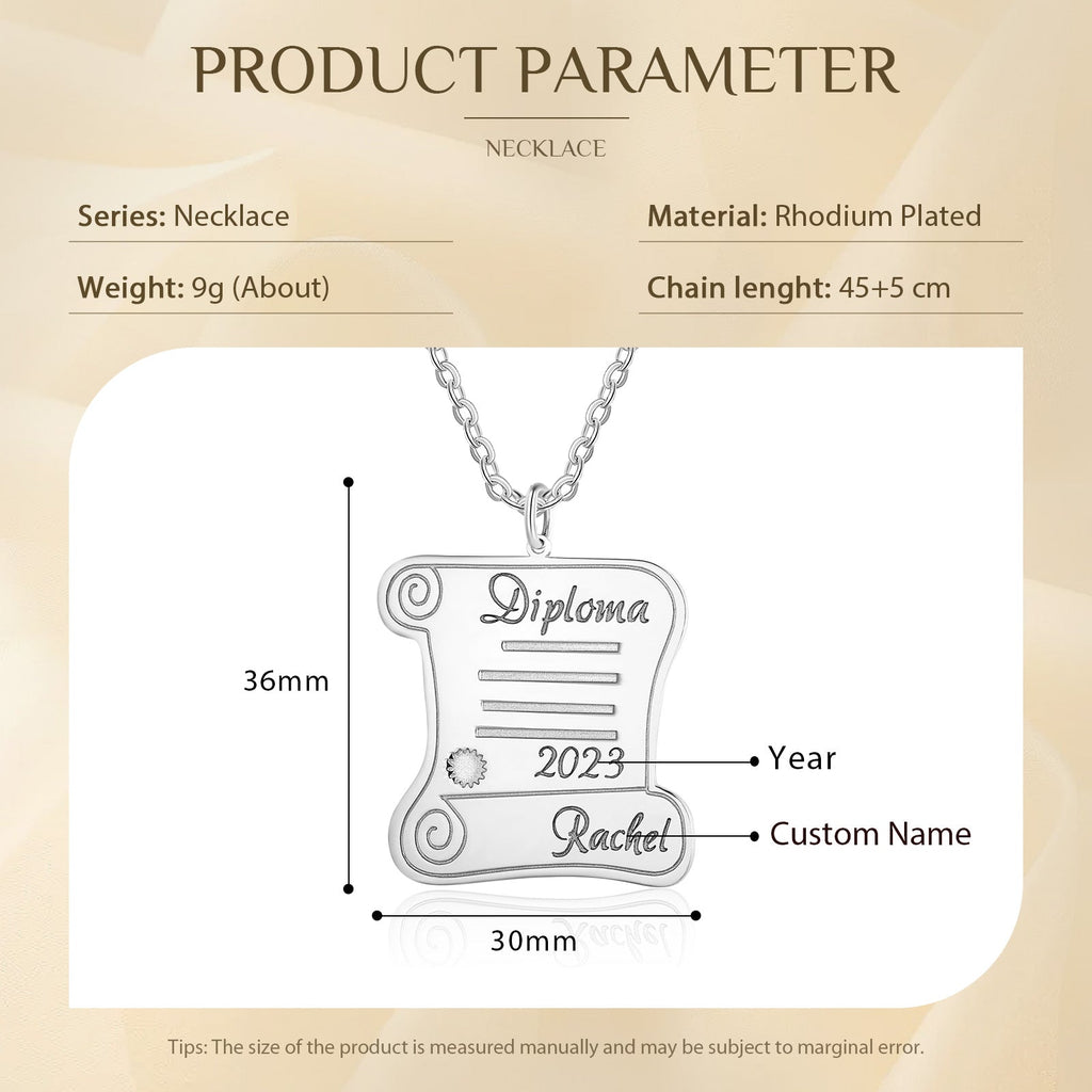 Rhodium-plated silver pendant necklace shaped like a diploma scroll, personalized with the year 2023 and custom name,.