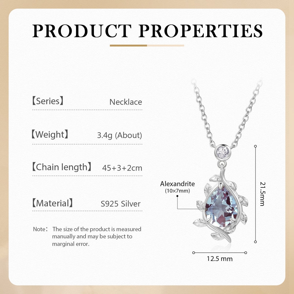 925 Sterling Silver Lab Alexandrite Necklace with pear-shaped purple gemstone and adjustable 45cm chain length