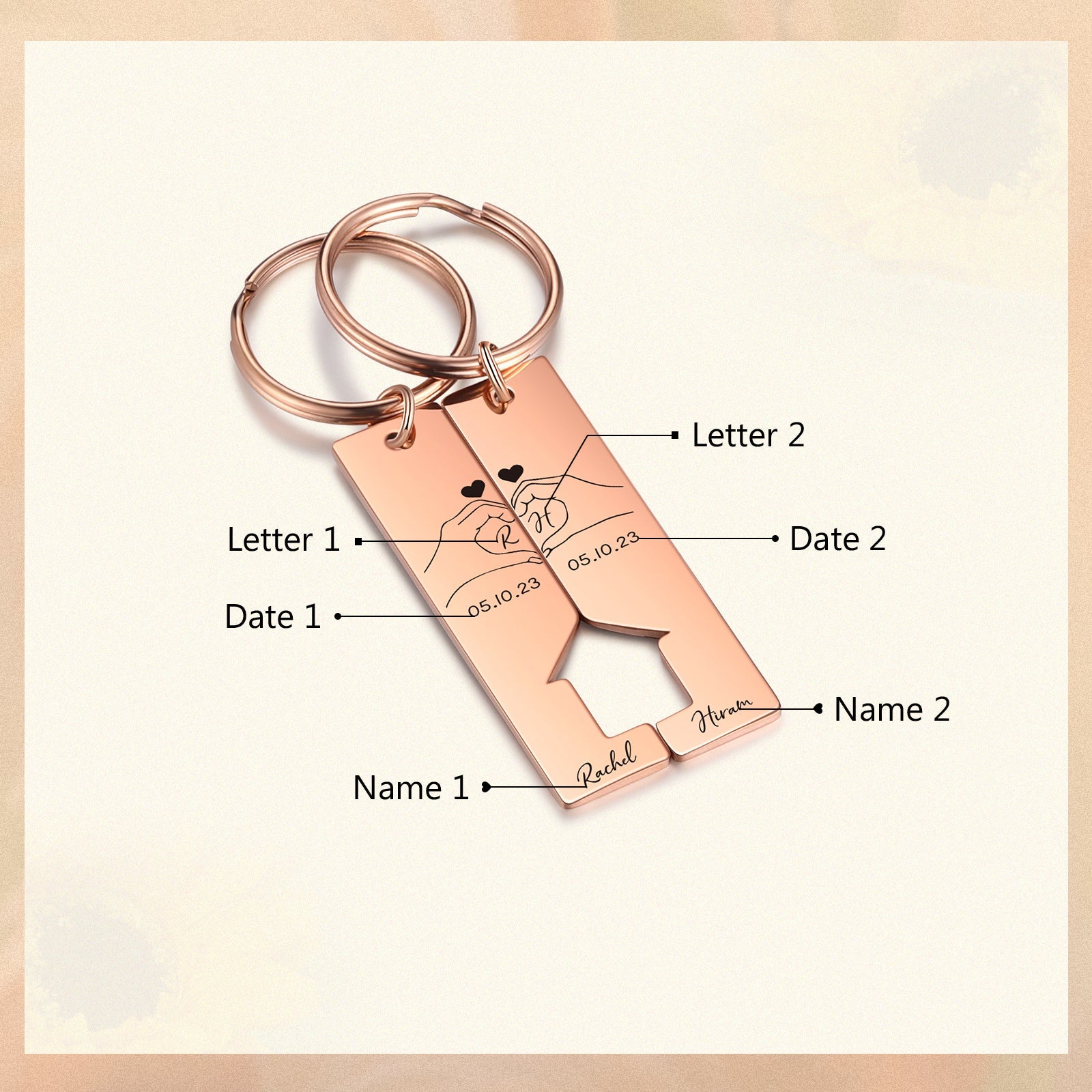 Pair of rectangular rose gold stainless steel keychains with engraved puzzle pieces, initials, names, and dates, connected.