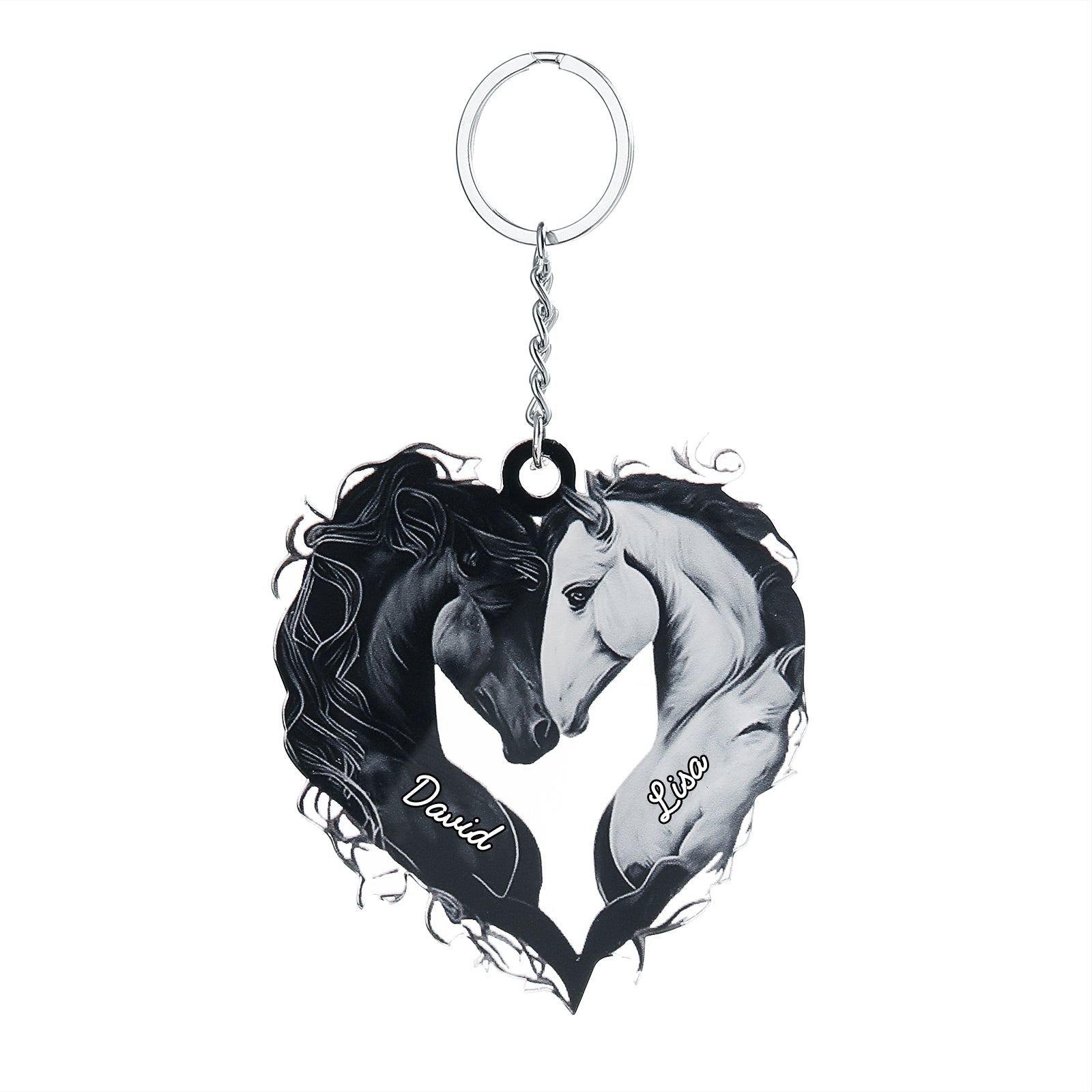 Black and white acrylic heart-shaped keychain featuring two horses touching heads with customizable names on each side.