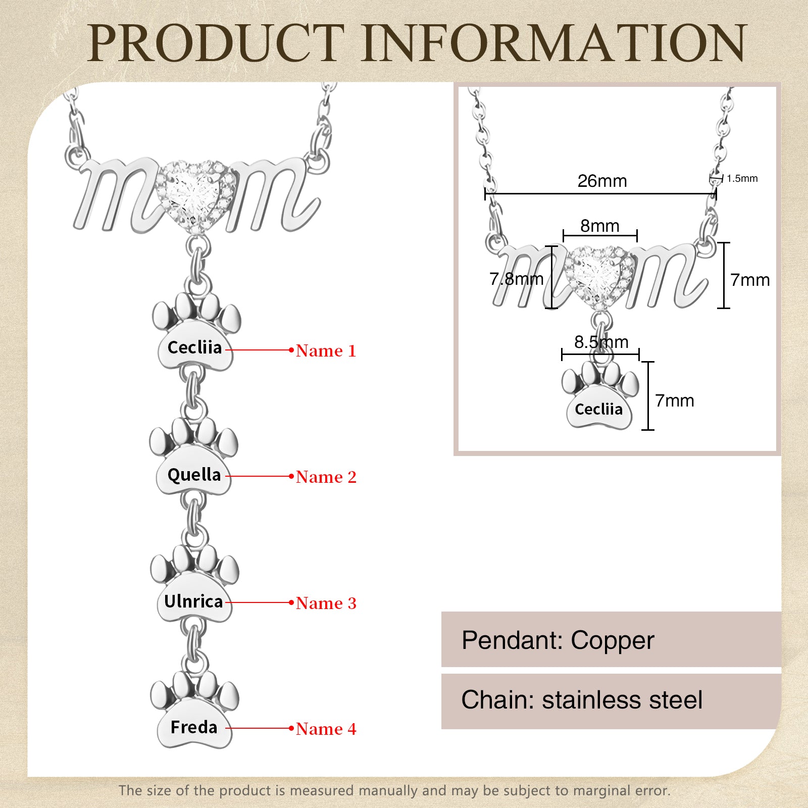 Silver-tone Mother's necklace with paw-shaped name tags hanging from "mom" script pendant.