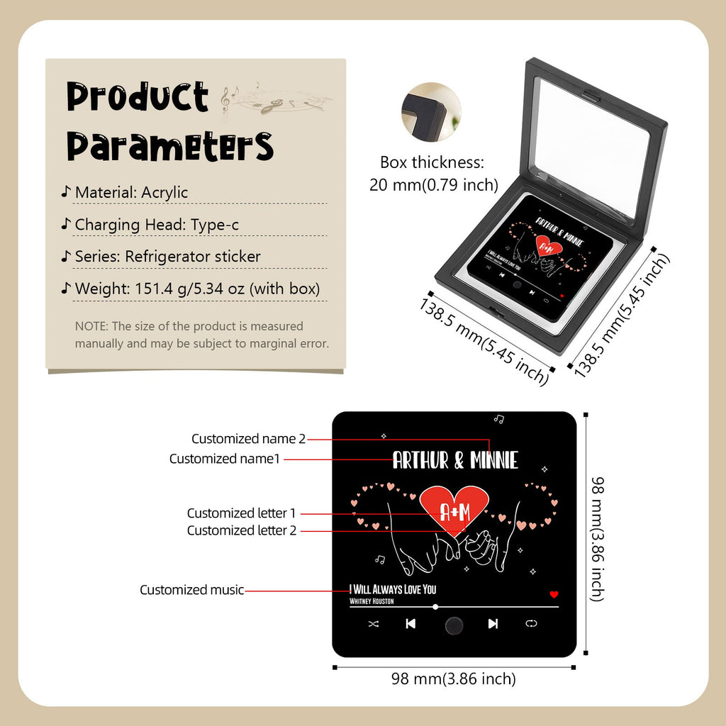 Product image showing a customizable acrylic music box in a shadow box frame. The design includes customizable names, letters, and song selection, with dimensions and material details.