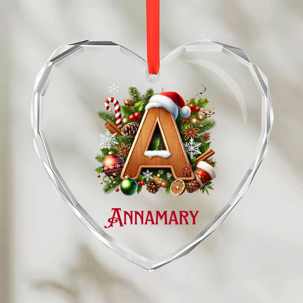 Christmas Letter and Name personalized Glass Heart Ornament by JewelryLuxeUS.store